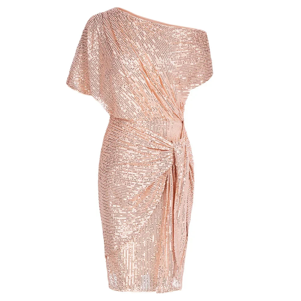 Elegant Party Dress Cocktail Dresses for Women Sequined Summer Ruched Short Sleeve Asymmetric Off Shoulder Bodycon Dress Vestido