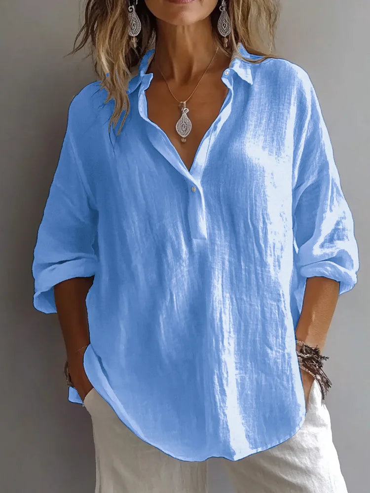 Women Cotton Linen Blouse Long Sleeve Turn Down Collar Solid Color Casual Loose Shirt Summer Breathable Office Lady Tops