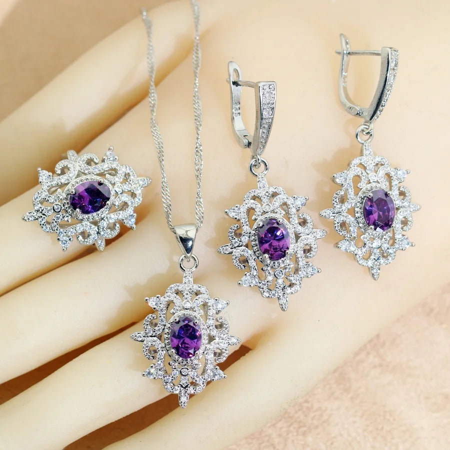 Bridal Jewelry Sets for Women Green Crystal Silver 925  Earrings Necklace Pendant Ring Wedding Gift