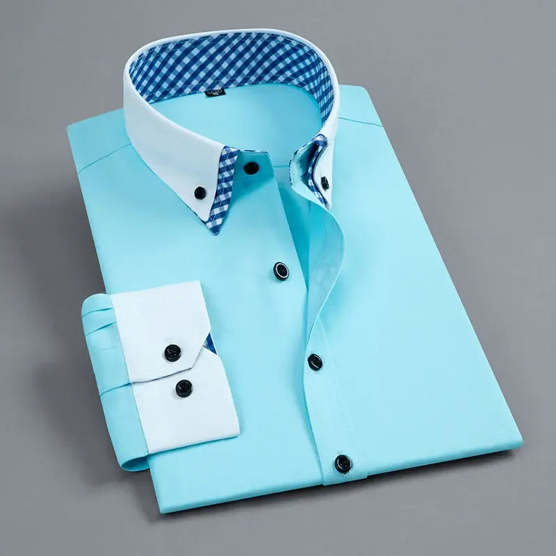 Men's Business Dress Shirt Long Sleeve Non Iron Fashion Double Layer Formal Regular Fit Office Camisa Social Solid Button Shirts