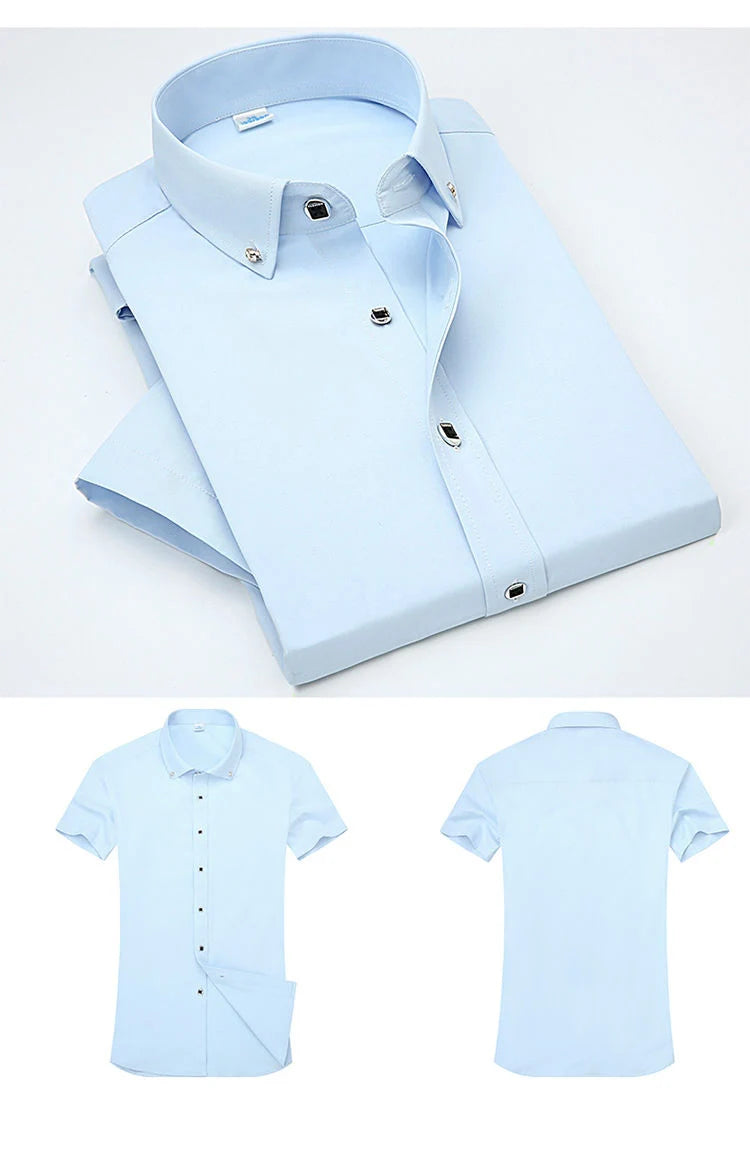 High Quality Non-ironing Mens Dress Shirt Short Sleeve New Solid Male Clothing Fit Business Shirts White Black Blue Navy Red