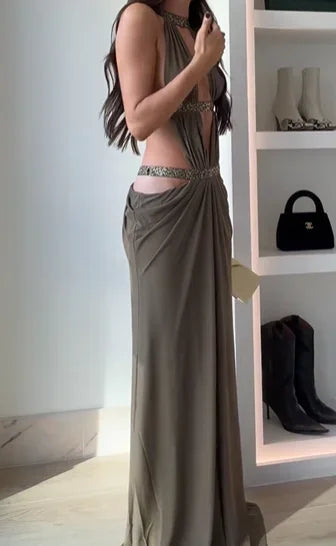 Women Sexy Backless Sequin Halter Dress Sleeveless Off Shoulder Hollow Out Pleated Maxi Dresses 2026 Lady Evening Party Gowns
