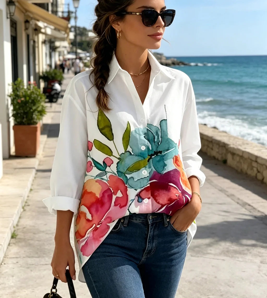 Women's Watercolor Floral Print Blouse Casual Long Sleeve Button Down Shirt Loose Fit Elegant Office Ladies White Tops