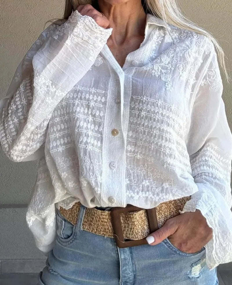 Women's Boho Embroidered Blouse Long Sleeve Button Down Shirt Casual Loose Fit Lace Trim White Cotton Top for Summer Vacation