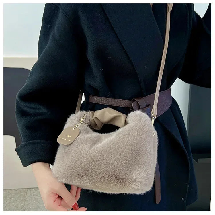 Women Faux Fur Plush Handbags Ruched Handle Small Lady Shoulder Crossbody Bag Casual Tote Half-Moon Hobos Winter Bags for Women
