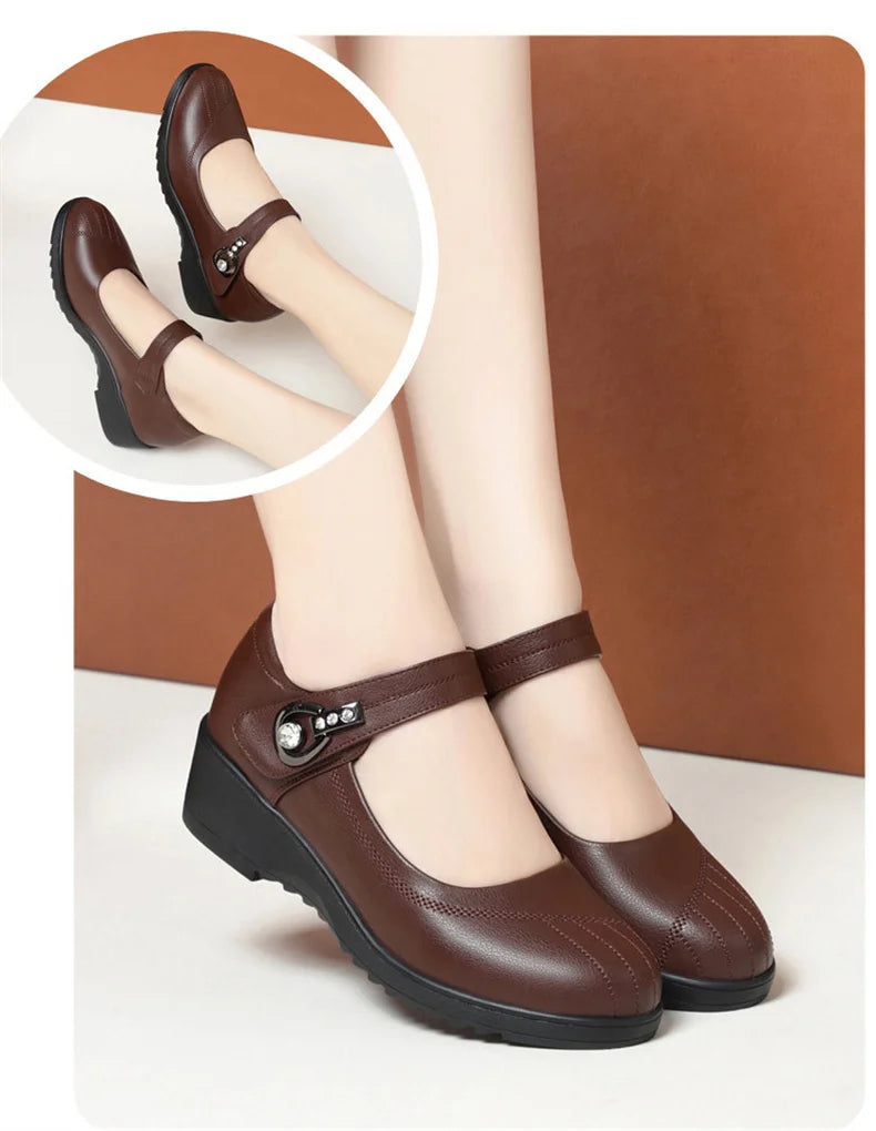 Women's Wedge Anti-slip  Ankle Strap Casual Office Comfortable Soft Leather Shallow Mouth Mom Shoes  Middle-aged Elderly