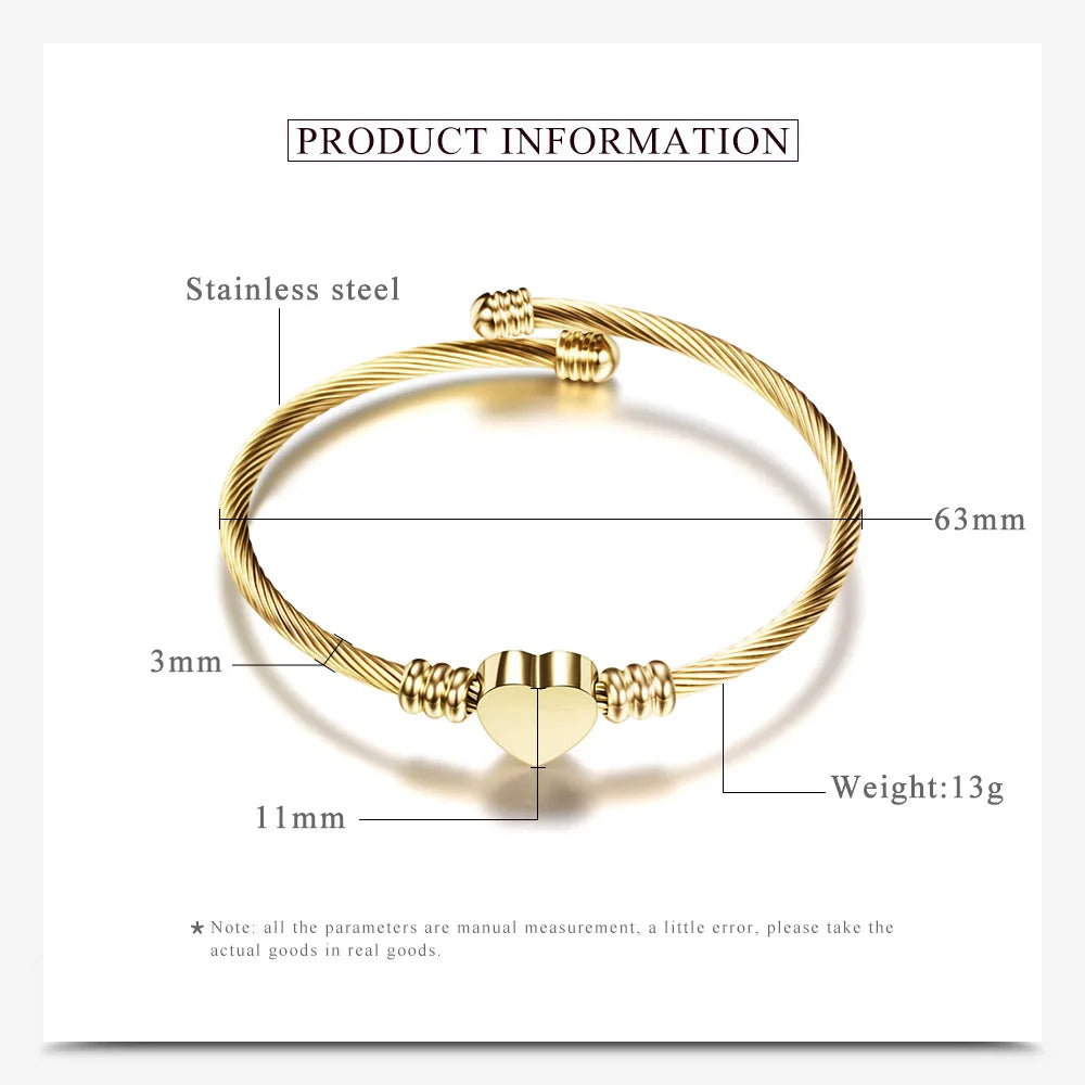 Stainless Steel Bangle For Women Heart Seal Accessories Adjustable Size