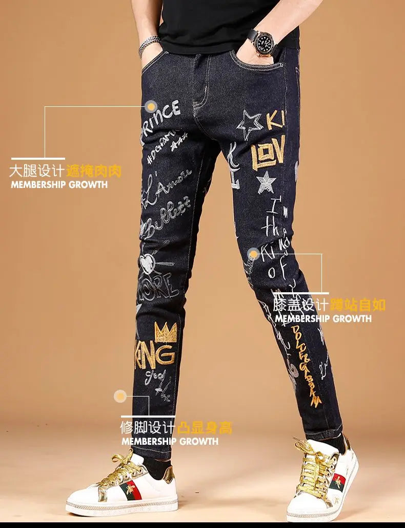 Summer New Embroidered Jeans Men Trendy Brand Korean Version Slim Fit Small Feet Trendy Casual Versatile Stretch Pants