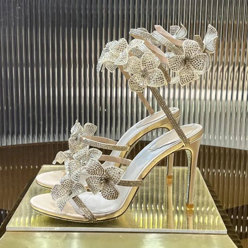 Sandalias Women Rhinestone Flower Decor Dress Shoes Snake Shaped Elastic Strap Thin High Heels Sandals Summer Bridesmaid Shoes