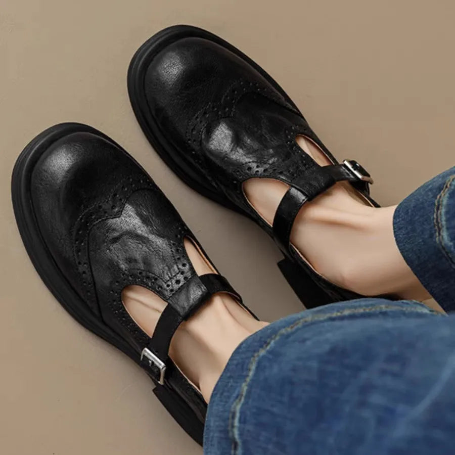 Women's Shoes T Strap Casual Vintage Lambskin Openwork Flower Flat Heel Loafers Women New Shoes Round Head  Leisure Daily Shoe