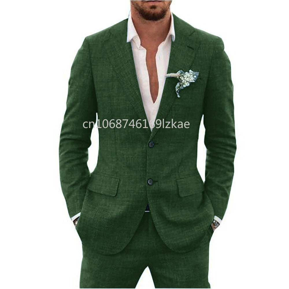 2024  Linen Suiting Fabric Full Men's Suit Lapel Collar Single-breasted 2 Piece Set Elegant Man Suits High Quality Blazer