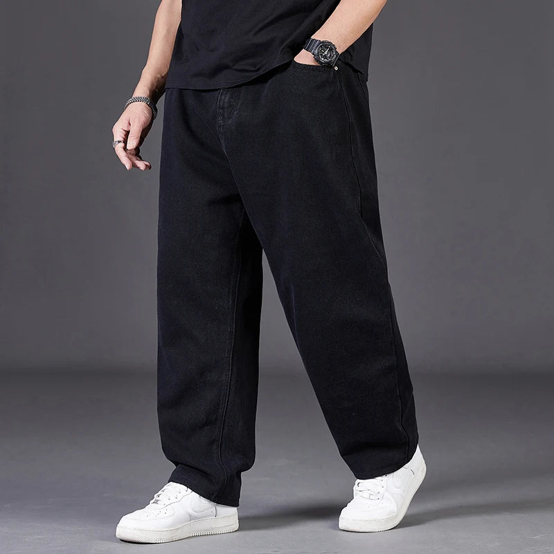 Autumn Thin Denim Jeans Men Plus Size Loose Straight Leg Sport Pants Fat Guy Elastic Long Trendy Trousers Black Grey Blue Jeans