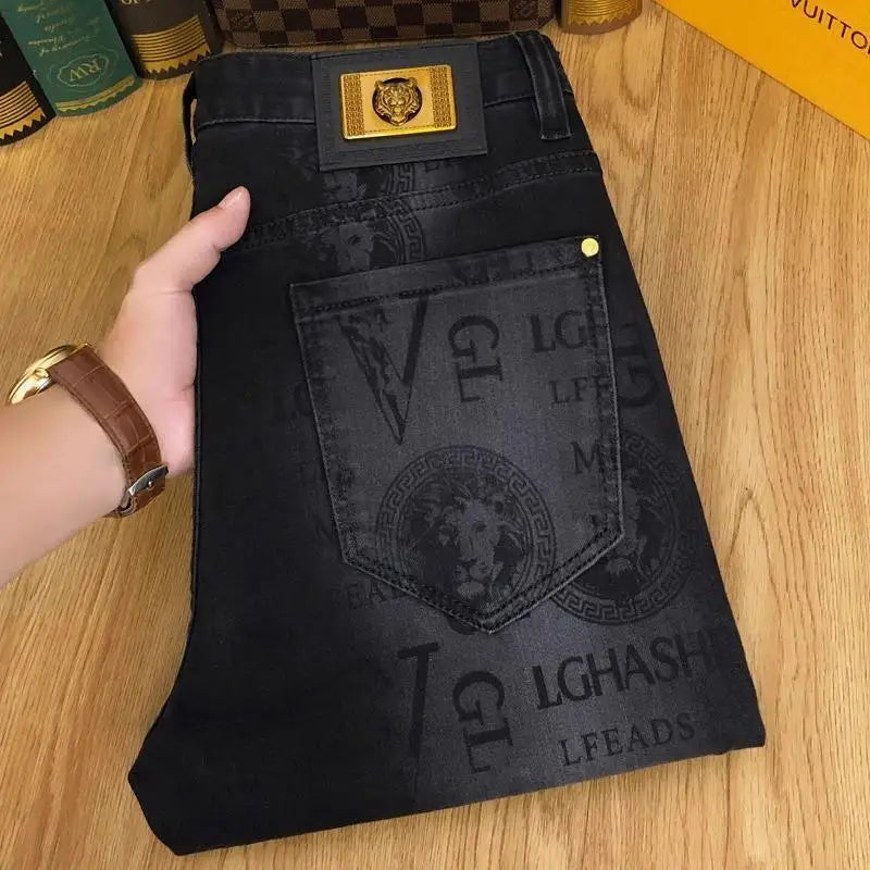 2025Heavy Duty Washed and Scraped Denim Men's Trendy High-end Embroidered Printed Loose Tapered Straight Leg Jeans