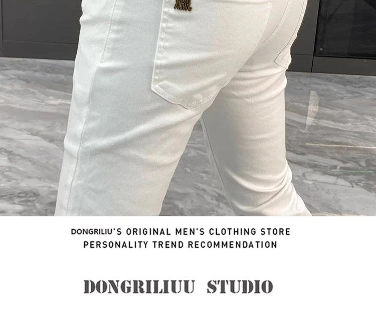 White Jeans Men's European Goods 2025 Summer New Fashion Motorcycle Boots Simple Slim Fit Elastic Versatile Small Feet Trousers