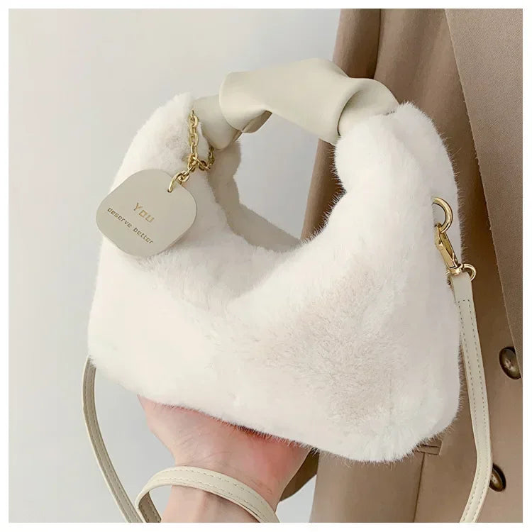 Women Faux Fur Plush Handbags Ruched Handle Small Lady Shoulder Crossbody Bag Casual Tote Half-Moon Hobos Winter Bags for Women