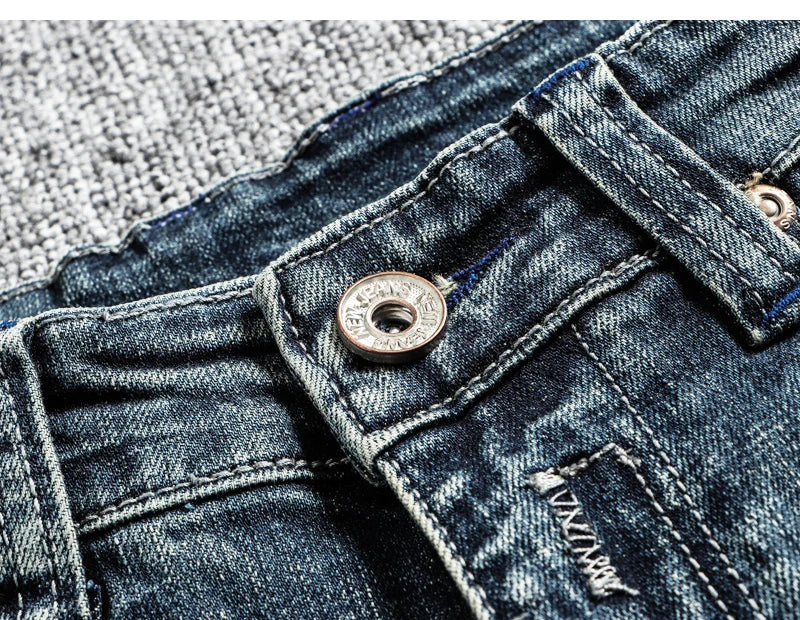 Italian Style Fashion Men Jeans Retro Blue Elastic Slim Fit Ripped Jeans Men Trousers Vintage Designer Casual Denim Pants Hombre