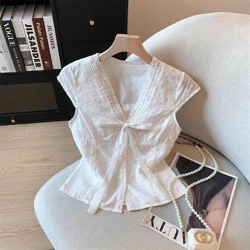 Women's White Floral Embroidery Blouse with Shirts Tie-Waist Detail Blouse