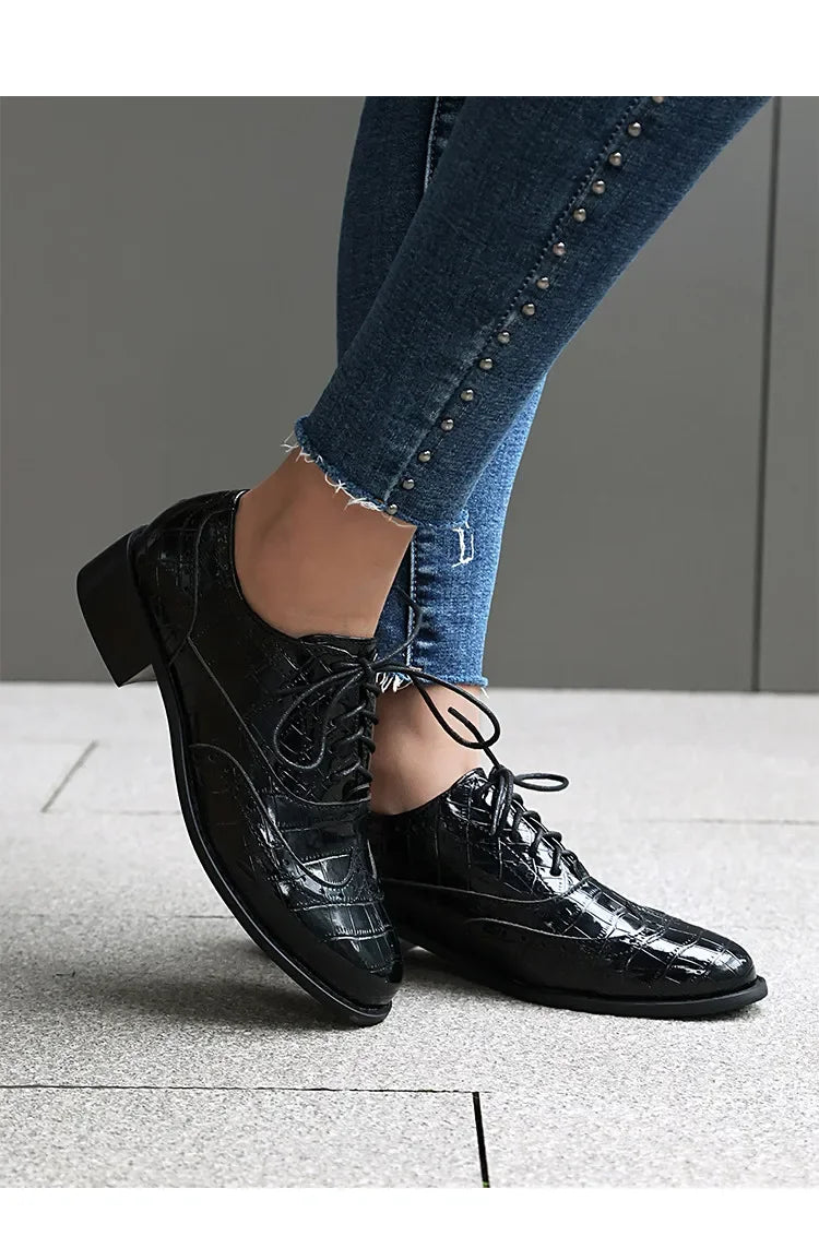 Women Shoes Spring New Fashion Round Toe Lace Up Retro Single Shoe for Office Party Walk Thick Low Heeled Big Size 48 775-1