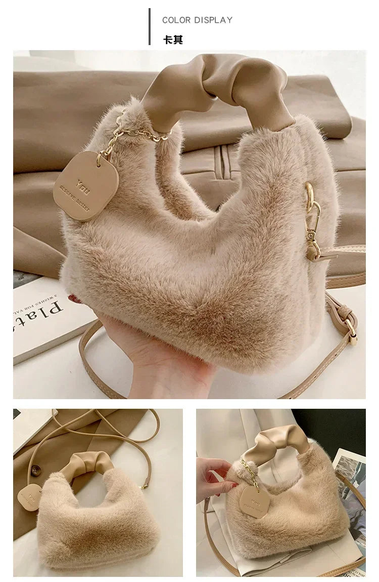 Women Faux Fur Plush Handbags Ruched Handle Small Lady Shoulder Crossbody Bag Casual Tote Half-Moon Hobos Winter Bags for Women