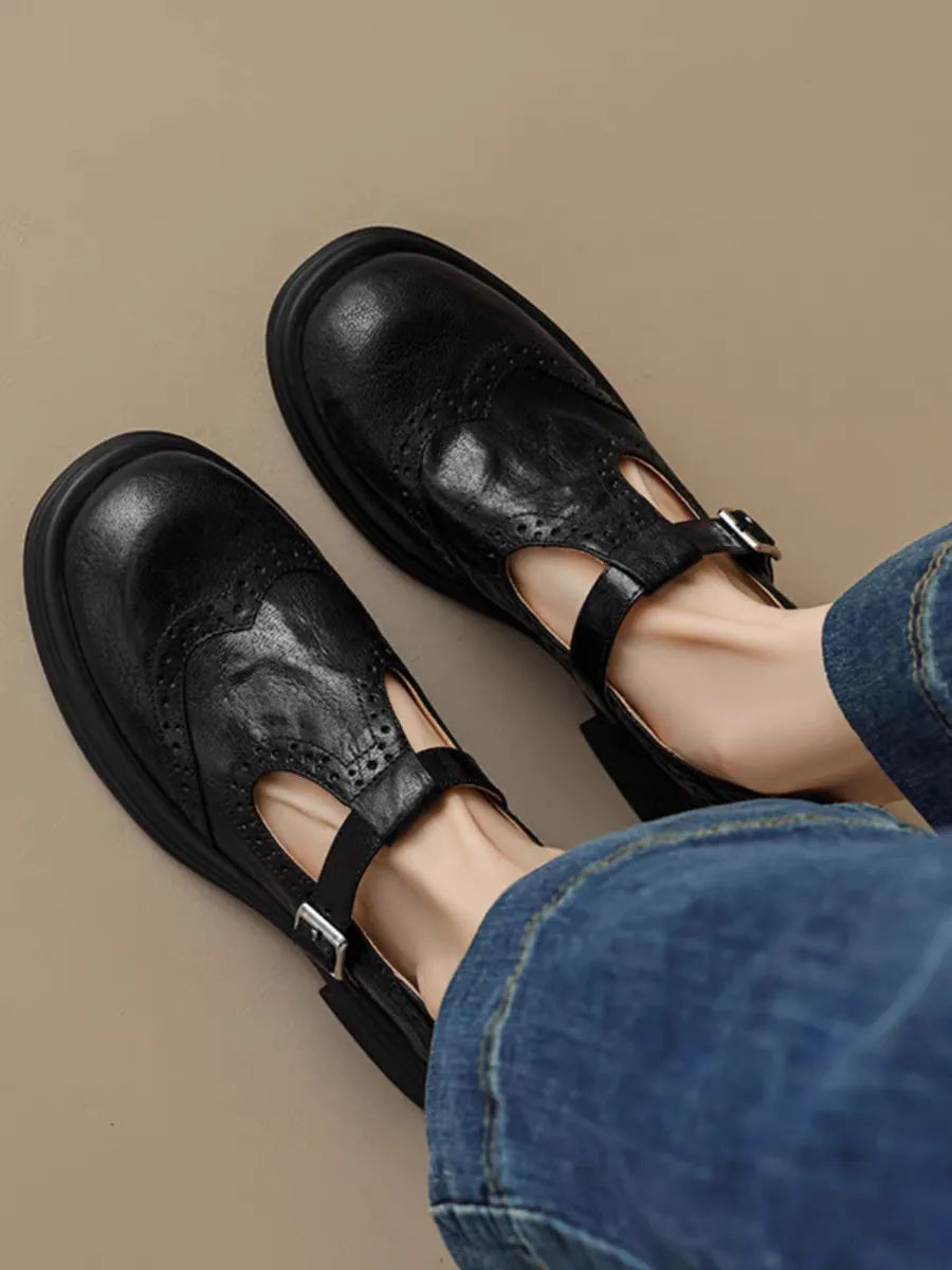 Women's Shoes T Strap Casual Vintage Lambskin Openwork Flower Flat Heel Loafers Women New Shoes Round Head  Leisure Daily Shoe