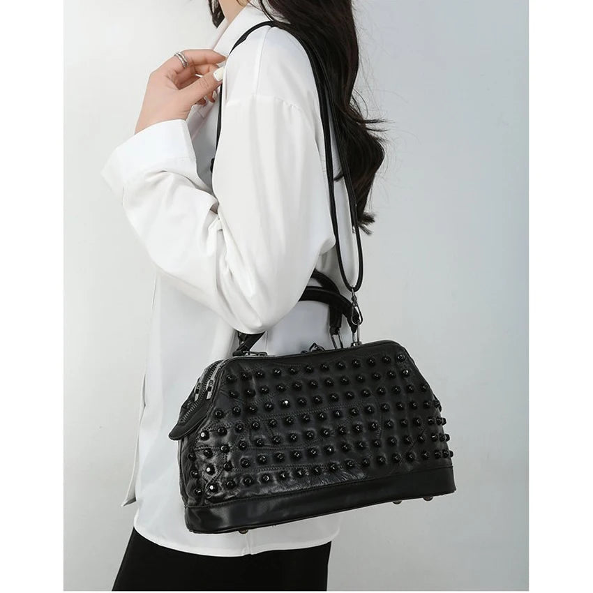 Soft Sheepskin Handbag for Women Rivet Shoulder Bag Punk Style Travel Crossbody Purse Office High-quality Handbag Leather Bag