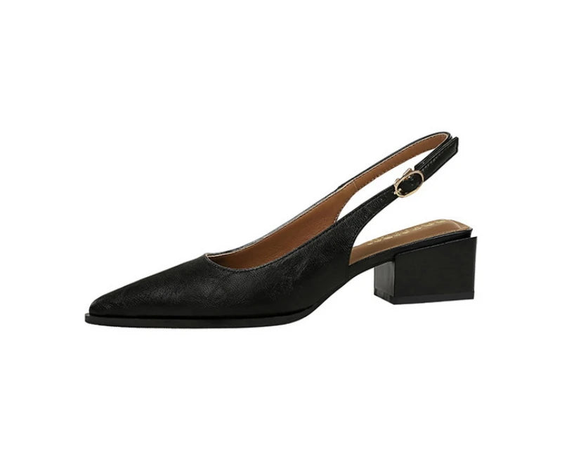Simple And High-End Women's Shoes With Thick Heels Shallow Mouth Pointed Toe Slim Pedicures With Empty Back Tripping Mid-Heeled