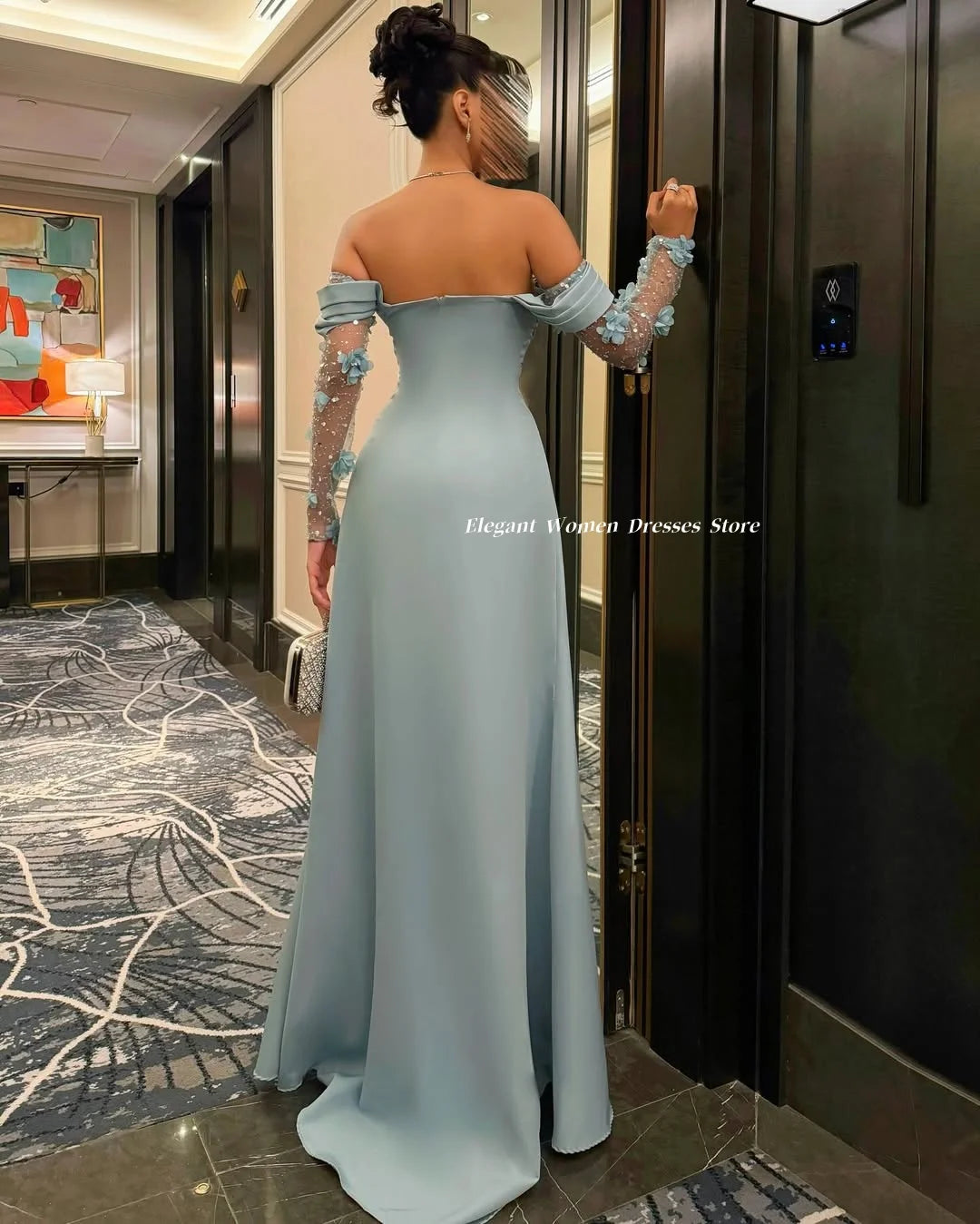 Women‘s Evening Dresses with Appliques Sky Blue Prom Dress Sexy Slit Party Dress vestidos de fiesta elegantes Customized