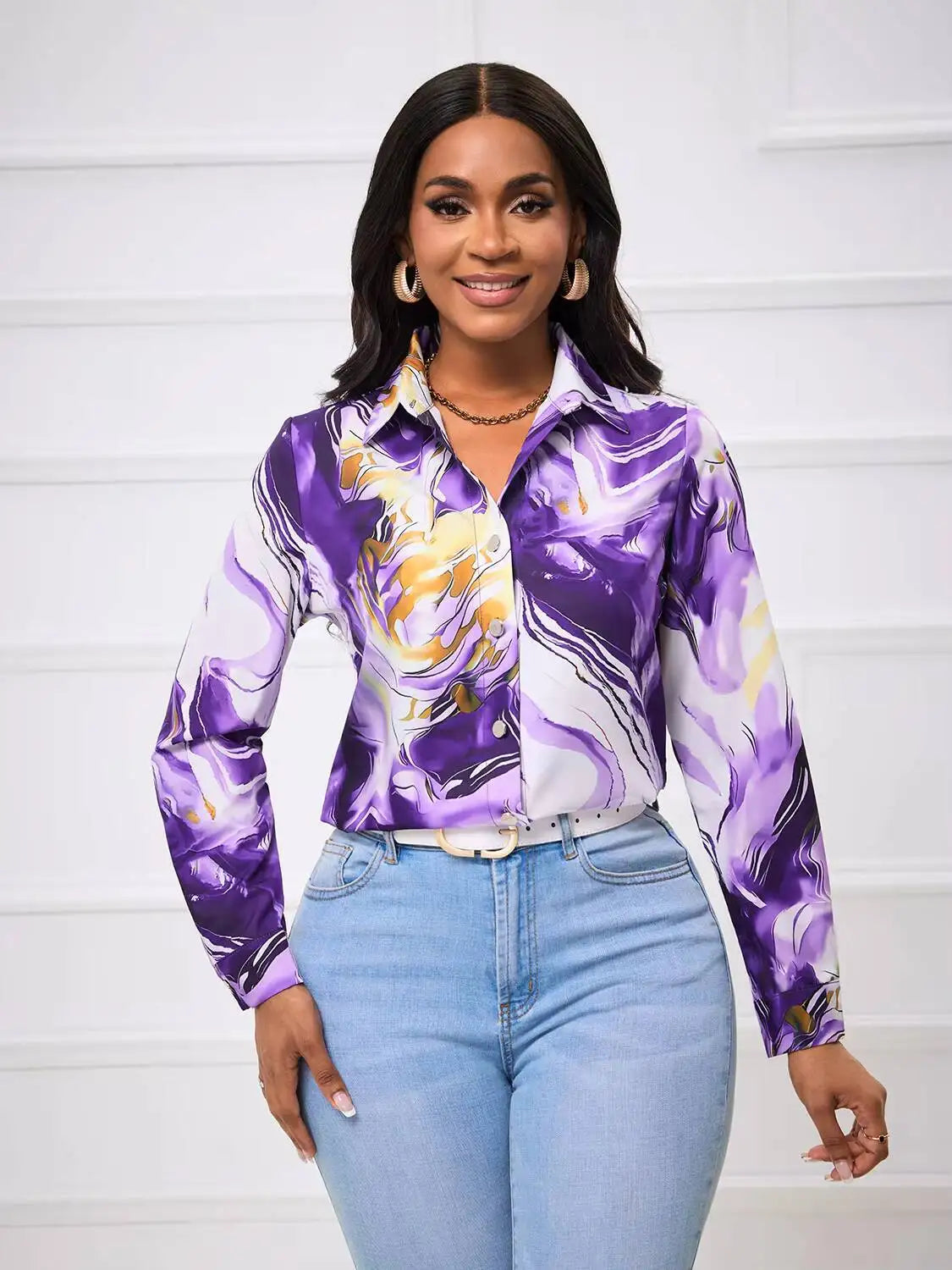 Women's Blouse Spring Summer Purple Gold Marble Print Collar Front Button Long Sleeve Satin Luxury Elegant Daily Office Top
