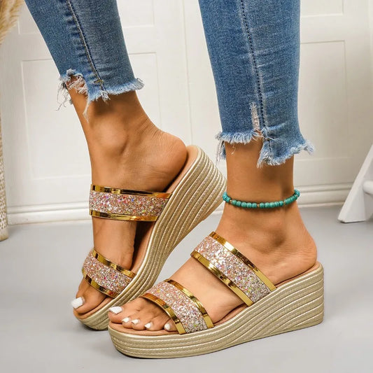Fashion Women Wedges Sandals Luxury Platform Slippers Sexy Open Toe Women Shoes Shiny High Heels Women Shoes Sandalias De Mujer