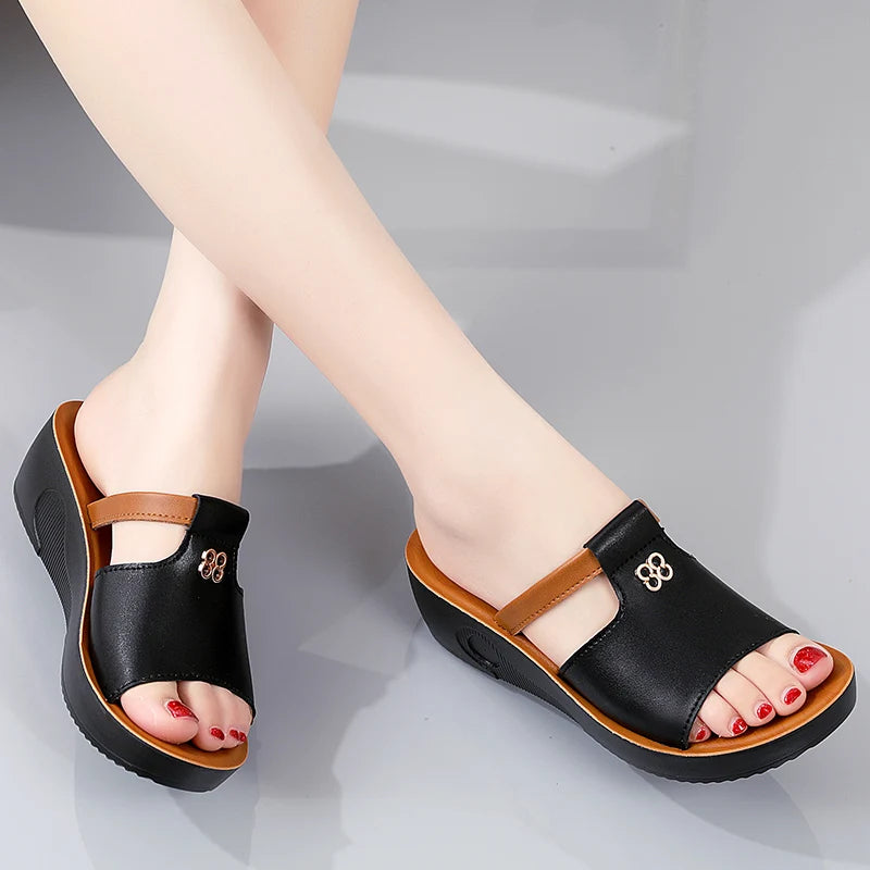 Genuine Leather Wedge Sandals for Women, Summer Soft Soles, Lightweight Thick Soles, Women's Sandals, Slippers, Outer Wear Mom's Shoes
