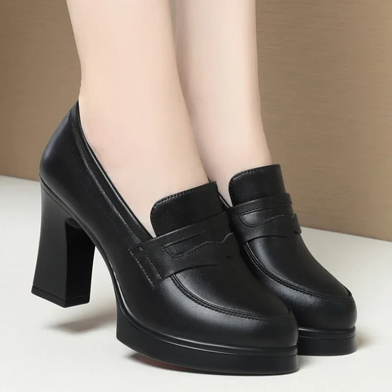 High Heels for Women 2025 Spring Slip on Pointed Toe Platform Heels Chunky Loafers Woman Black PU Leather Uniform College Shoes