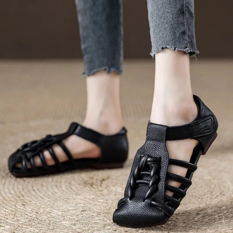 Genuine  Sandals Women Handmade Woven Literary Style Hollow Flat Roman Sandals Ladies Summer Shoes Sandalias
