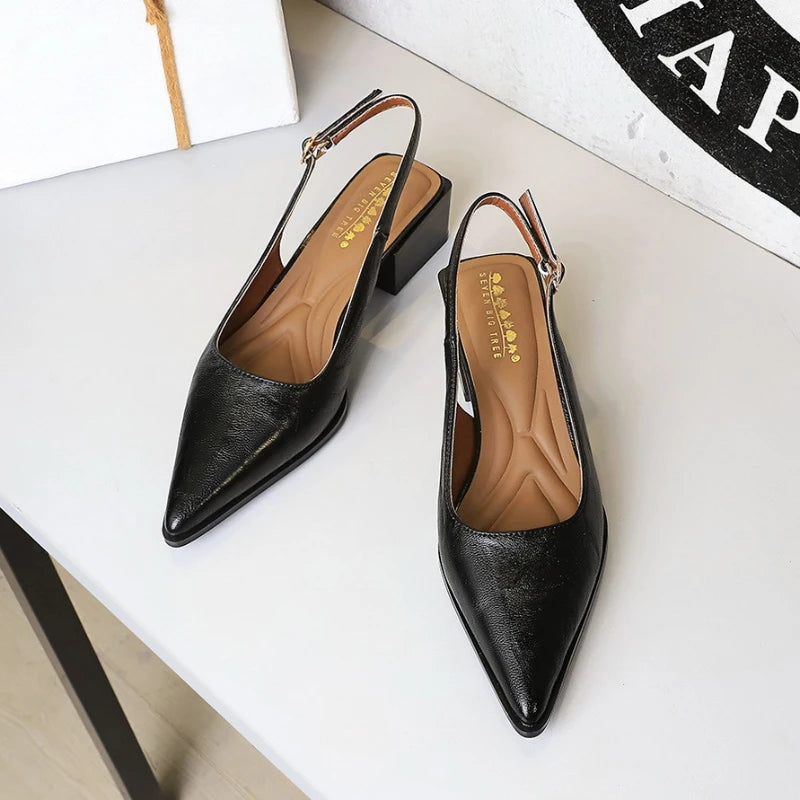 Simple And High-End Women's Shoes With Thick Heels Shallow Mouth Pointed Toe Slim Pedicures With Empty Back Tripping Mid-Heeled