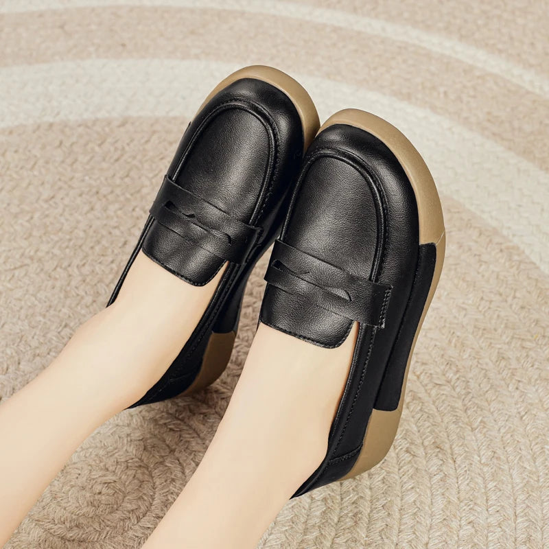Casual Women's Shoes for All Seasons, New Spring and Autumn Wedge Heels, Thick-Soled Mom Shoes, Soft-Soled Lightweight Versatile Women's Flats, Small Leather Shoes