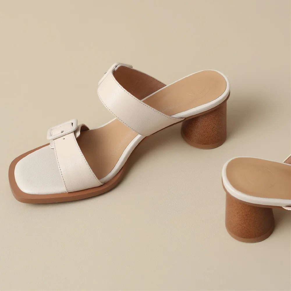 Women's sandals summer 2023 cow leather double metal belt 5.5cm thick med heel slip-on slippers elegant ladies slim daily pumps