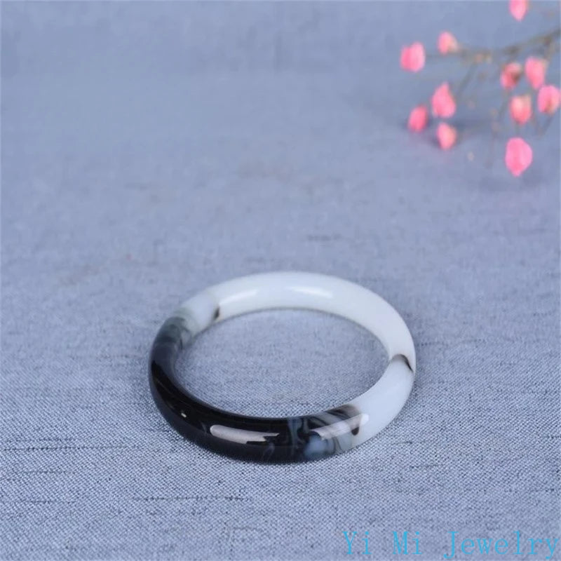Natural Hetian Jade Bracelet Black White Flowers Charm Fashion Retro Fine Jewelry Elegant Girl Couple Luxury Bangle Holiday Gift