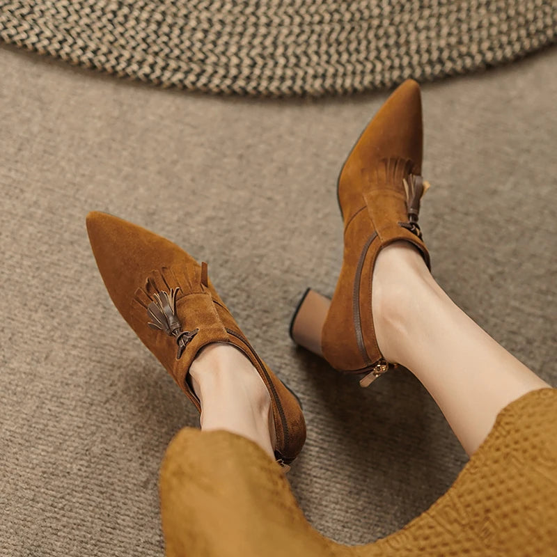 2025 Spring Women Shoes Pointed Toe Chunky Heel Women Pumps Sheep Suede High Heels Belt Buckle Shoes for Women zapatos de mujer