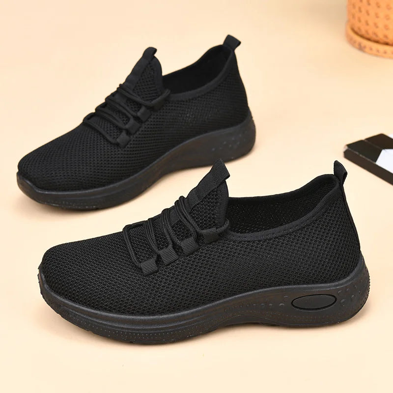 Middle-Aged and Elderly Women's Work Shoes Black Spring and Autumn Flat Shoes Non-Slip Soft Sole Mom Shoes Comfortable Casual Shoes