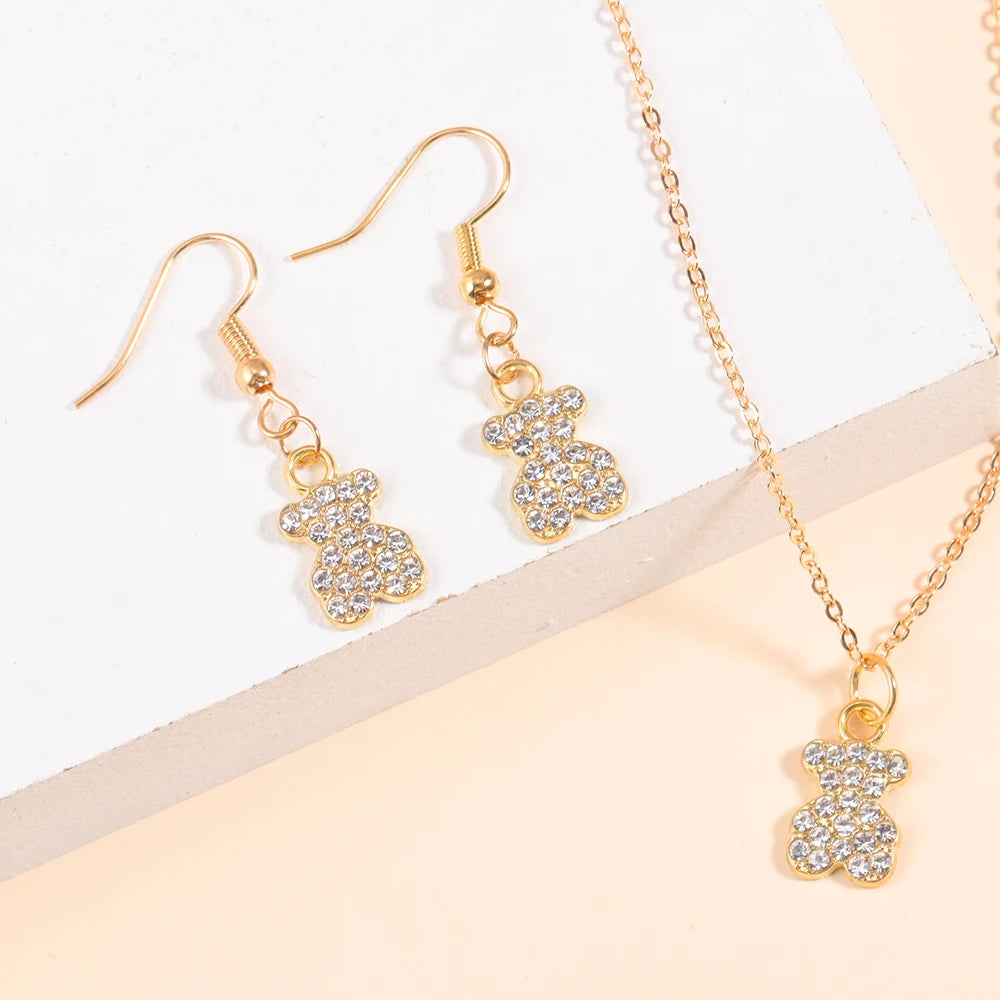 Gold/Silver Color Jewelry Set Luxury Shining Zircon Bear Crown Planet Earrings Necklace Sets For Party Anniversary Exquisite Gif