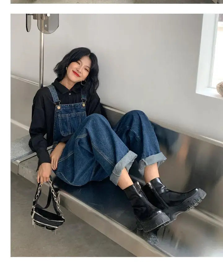 Jumpsuits Women Dark Blue Vintage Streetwear Harajuku Casual Fashion High Waist Loose Overalls Ulzzang Denim Suspenders Trousers