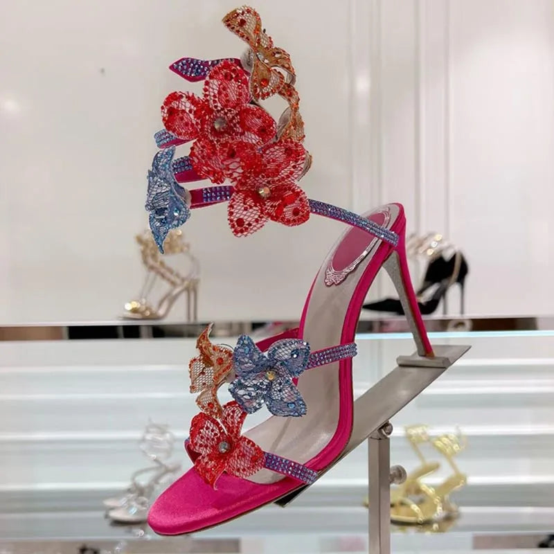 Sandalias Women Rhinestone Flower Decor Dress Shoes Snake Shaped Elastic Strap Thin High Heels Sandals Summer Bridesmaid Shoes