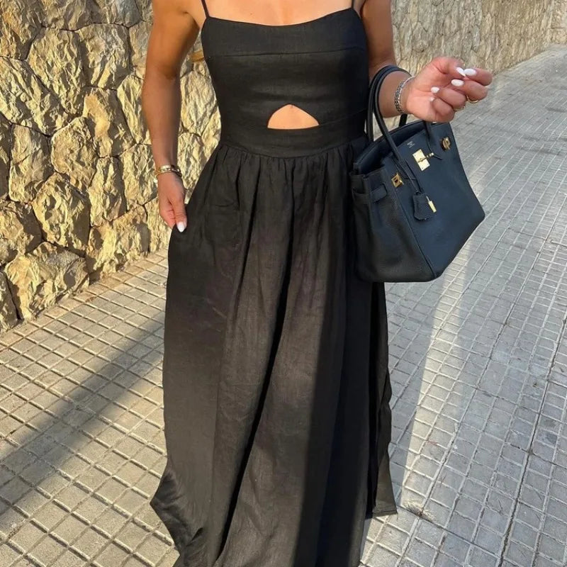 Sexy Black Corset Vacation Party Dress for Women Autumn Elegant Strap Backless Hollow Out Slit Cotton Holiday Long Dress