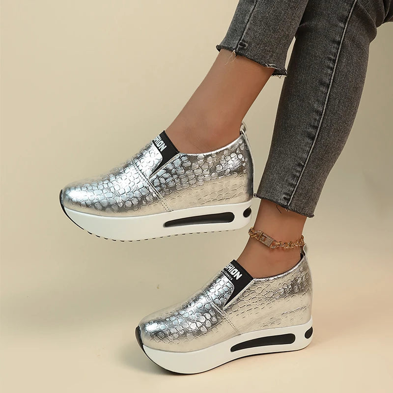 Patent Leather Wedge Loafers Shoes for Women New Height Increasing Platform Sneakers Woman Lightweight Slip On Casual Shoes