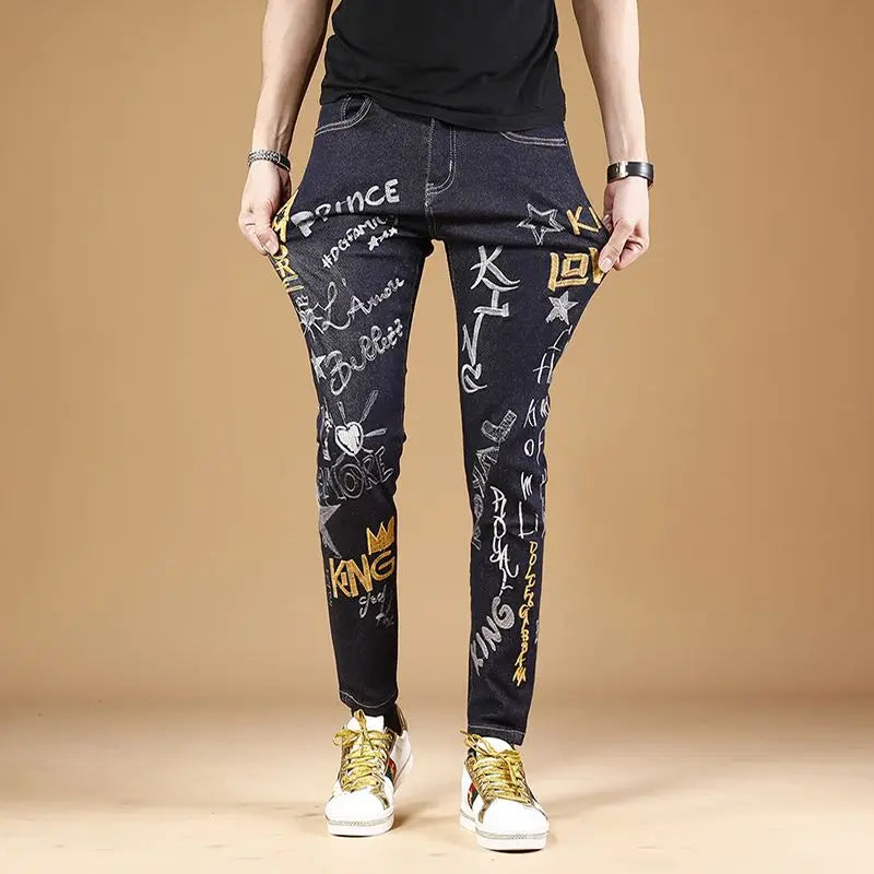 Summer New Embroidered Jeans Men Trendy Brand Korean Version Slim Fit Small Feet Trendy Casual Versatile Stretch Pants