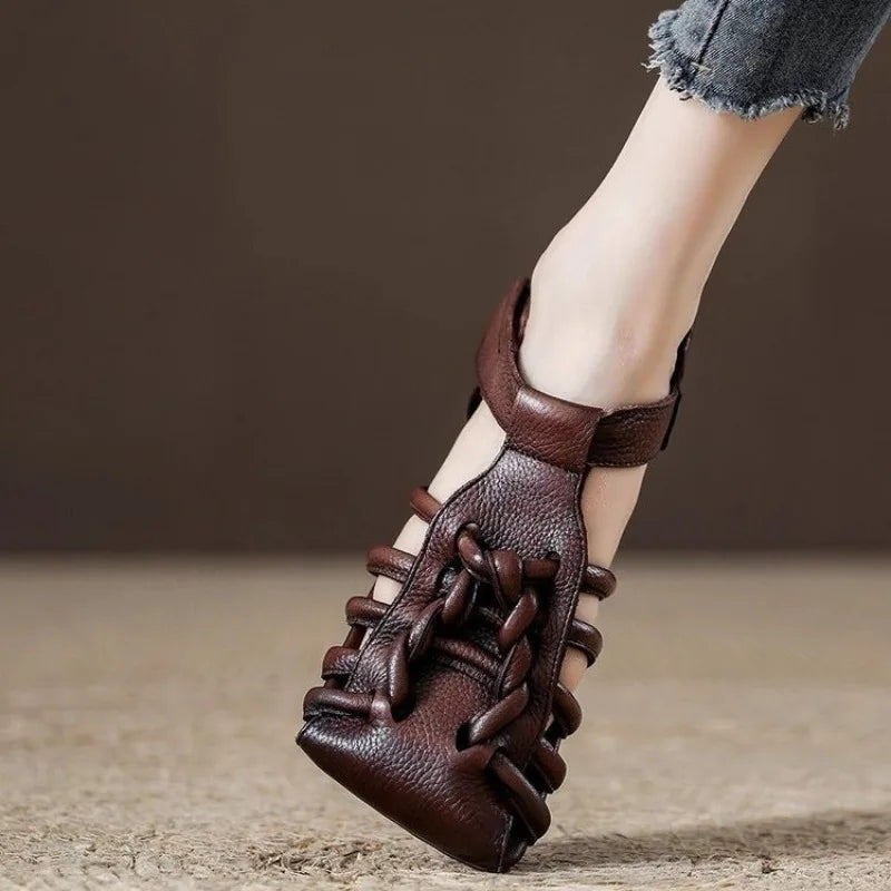 Genuine  Sandals Women Handmade Woven Literary Style Hollow Flat Roman Sandals Ladies Summer Shoes Sandalias
