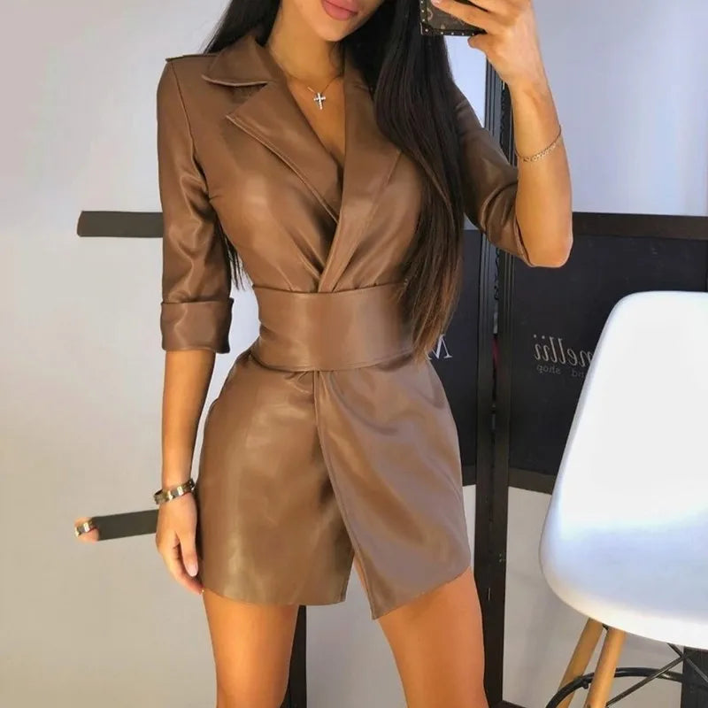 Elegant Leather Women's Dress Sexy V Neck Leather Mid Length PU Leather Waist Closure Dresses Trend Turn Down Dress With Belt