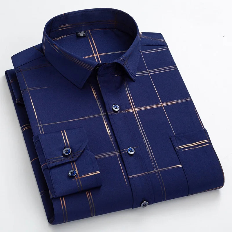 Men's Dress Shirts Spring Autumn Latest Hot Sale Non-iron Anti-wrinkle Business Casual Print Thin Plaid Slim Fit chemise homme