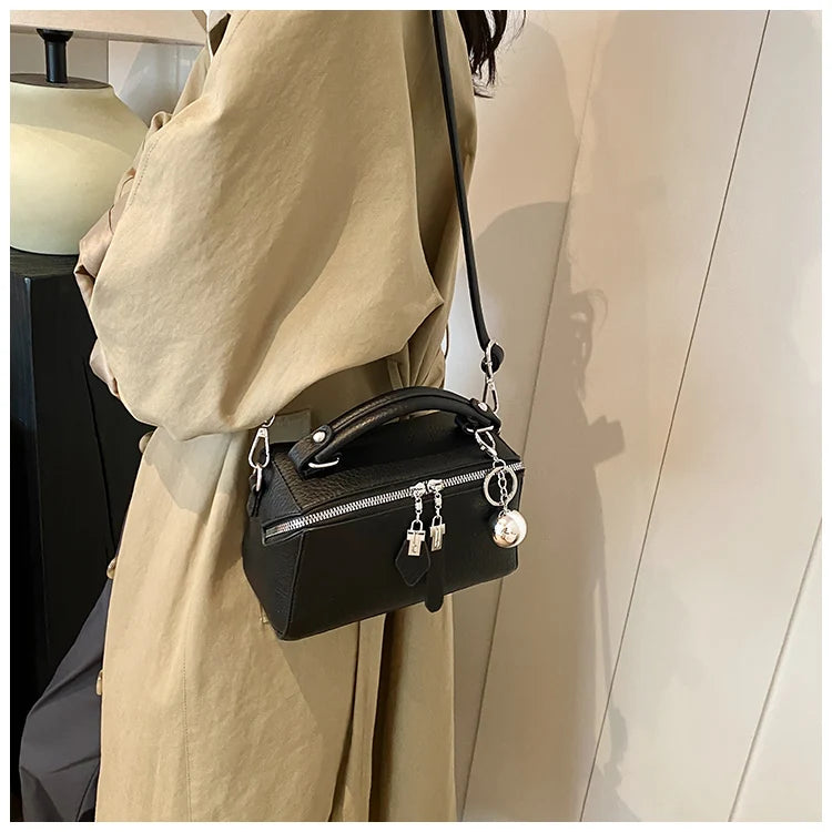 Classic Black Square Handbags for Women Autumn New Versatile Small Single Shoulder Crossbody Bags with Elegant Ball Pendant