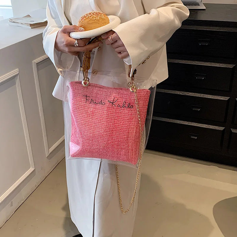 Large Capacity Women PVC Handbags High Quality Ladies Transparent Beach Tote Shoulder Messenger Bags Casual Chain Crossbody Bag