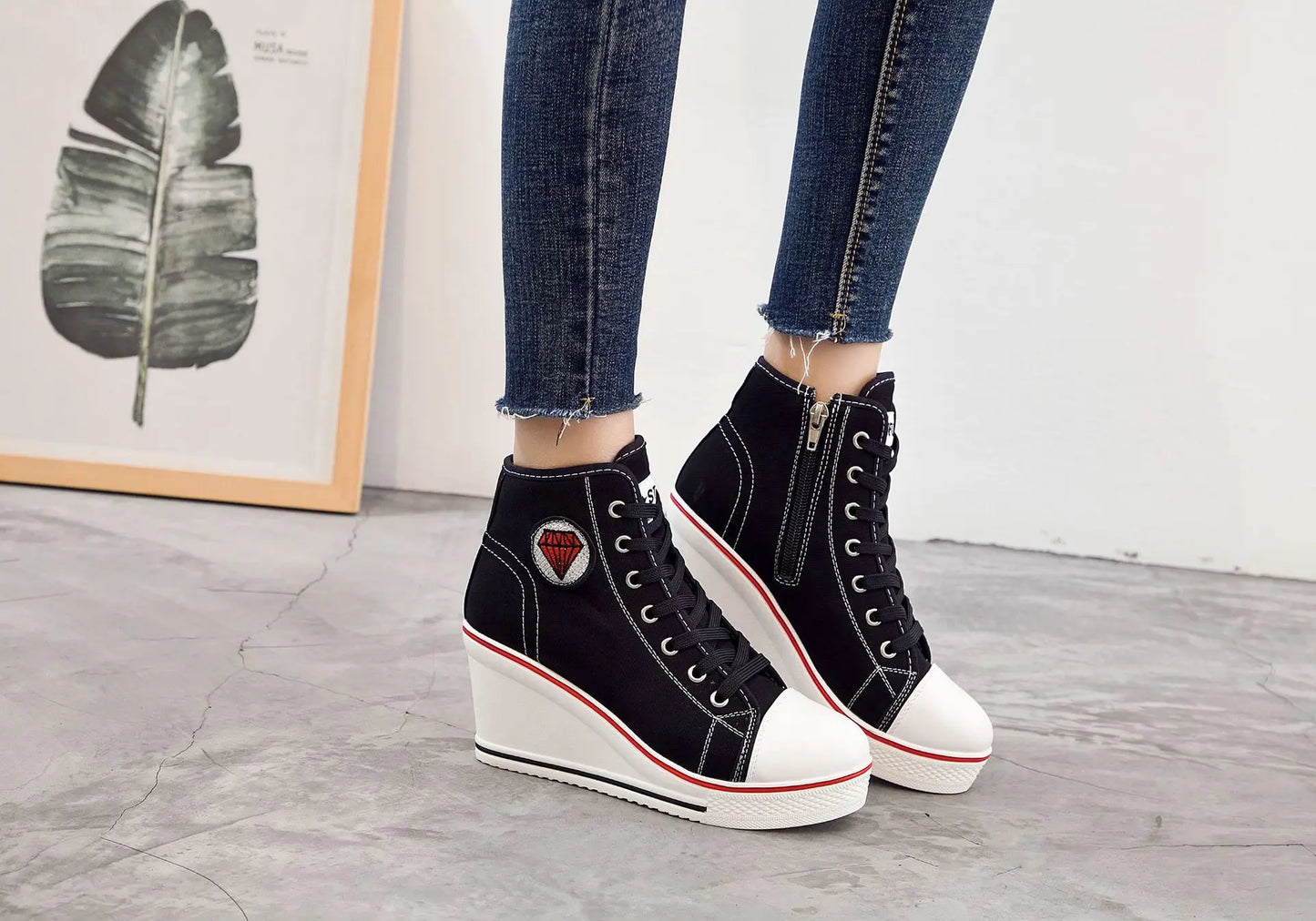 Wedge Heel Casual Shoes for Women New Canvas Shoes Side Zipper High Heel Lace Up Shoes Woman's Heightening Platform Sneakers